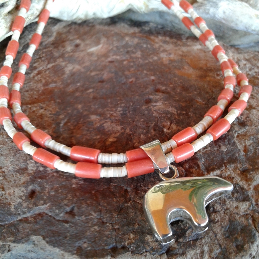 Sterling Silver Vintage Red Coral Heishe long NECKLACE